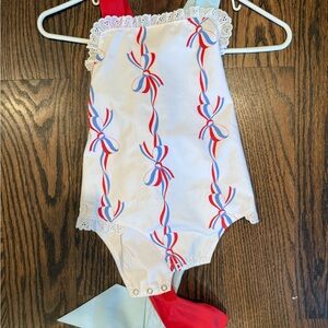 TBBC patriotic White Baby Romper with Red and Blue Bow Pattern worn 1x